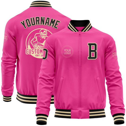 Custom Pink Black-Cream Bomber Varsity Letterman Zipper Jacket - Main View