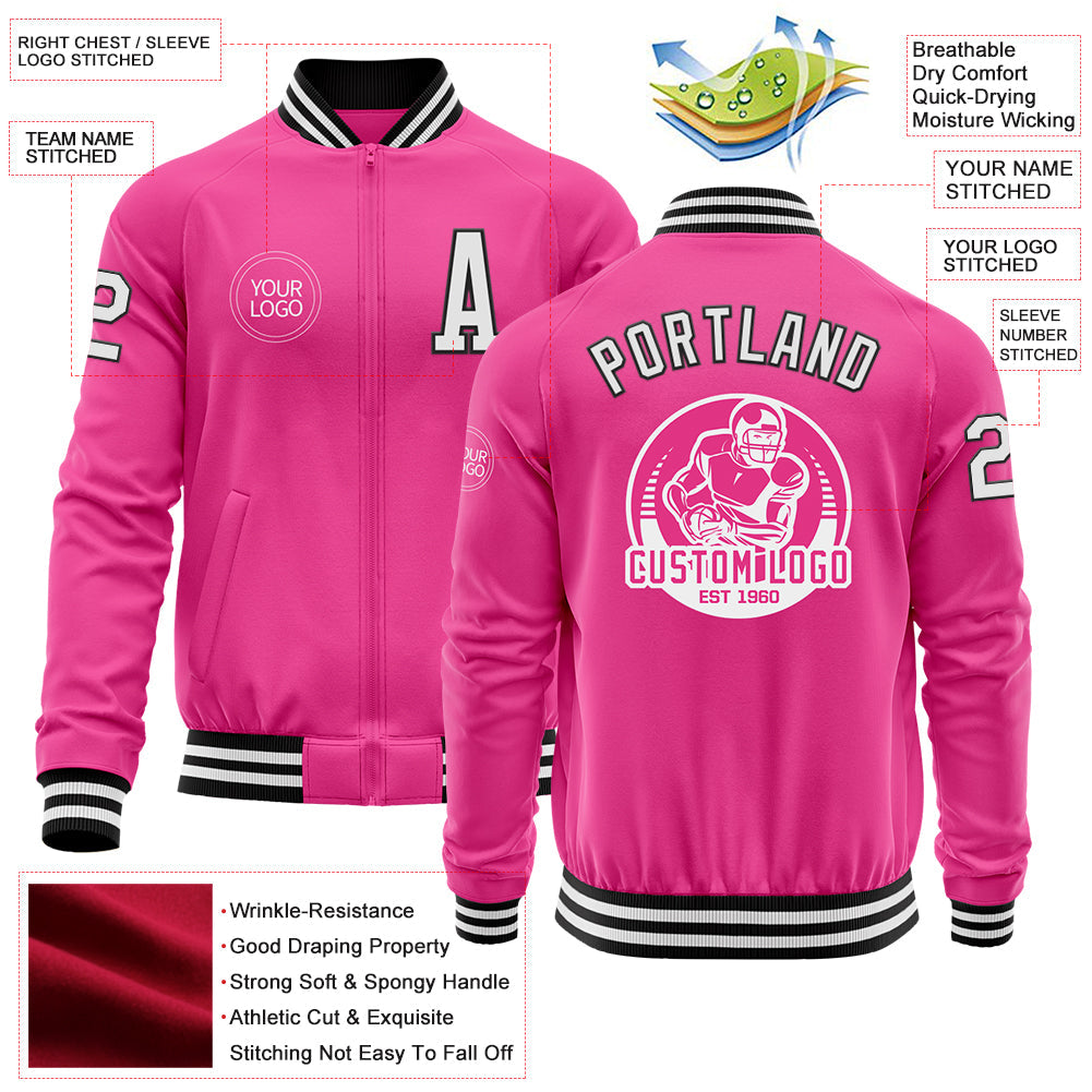 Custom Pink White-Black Bomber Varsity Letterman Zipper Jacket view 4