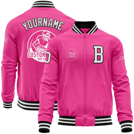 Custom Pink White-Black Bomber Varsity Letterman Zipper Jacket - Main View