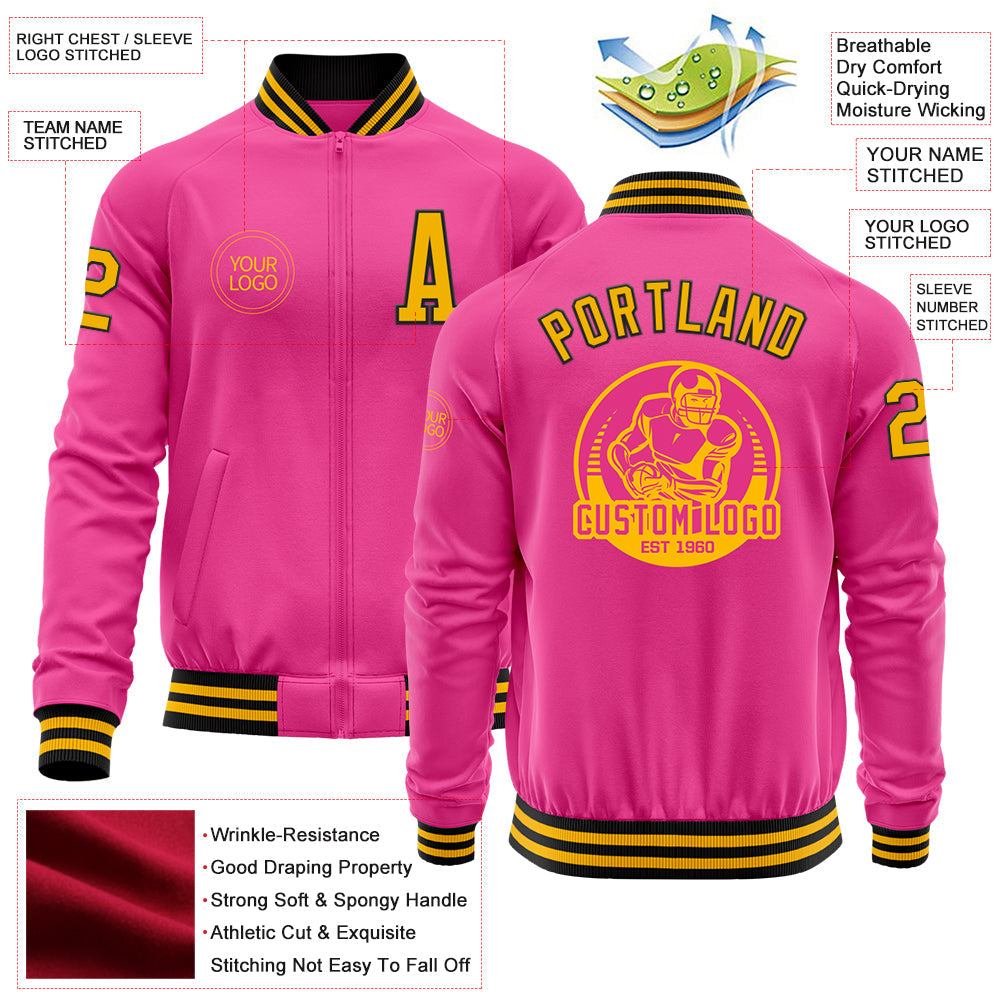 Custom Pink Gold-Black Bomber Varsity Letterman Zipper Jacket view 4