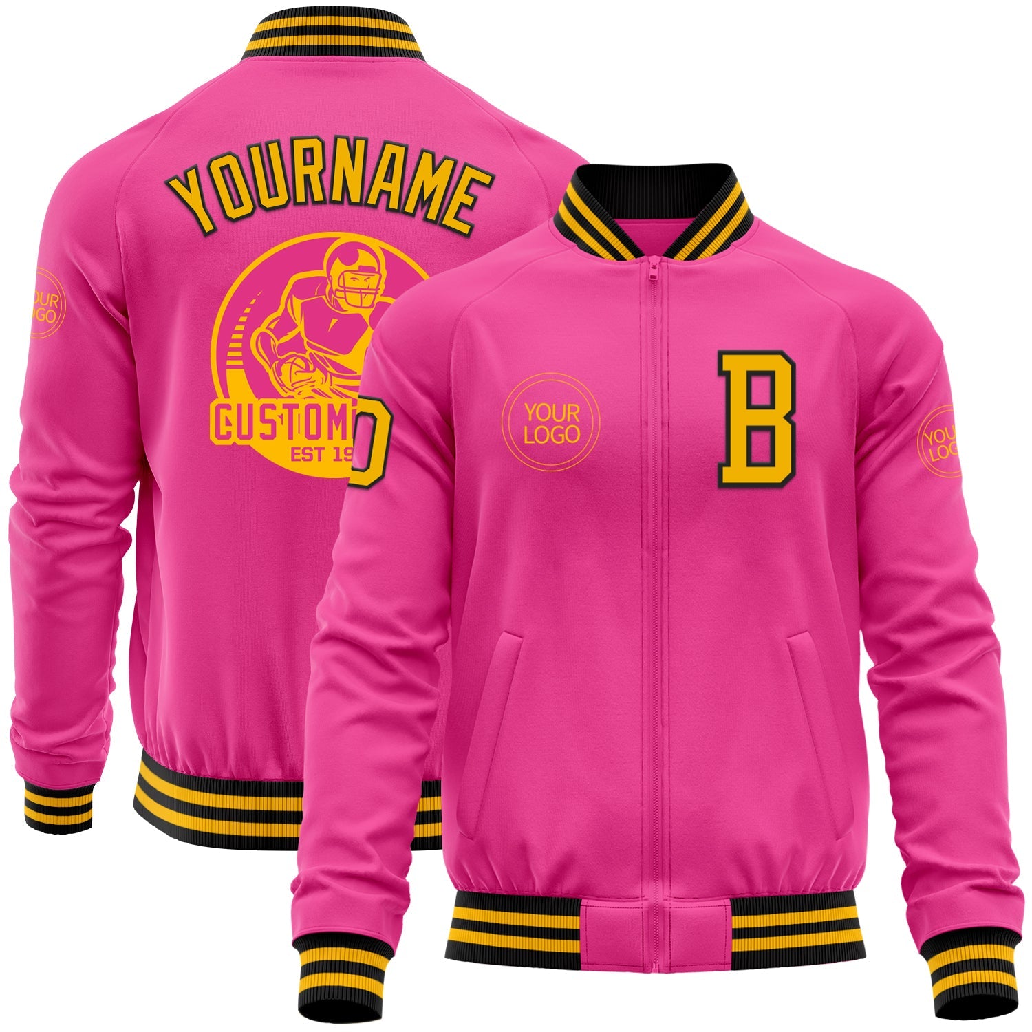 Custom Pink Gold-Black Bomber Varsity Letterman Zipper Jacket - Main View