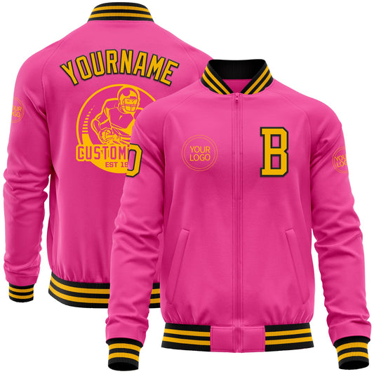 Custom Pink Gold-Black Bomber Varsity Letterman Zipper Jacket - Main View