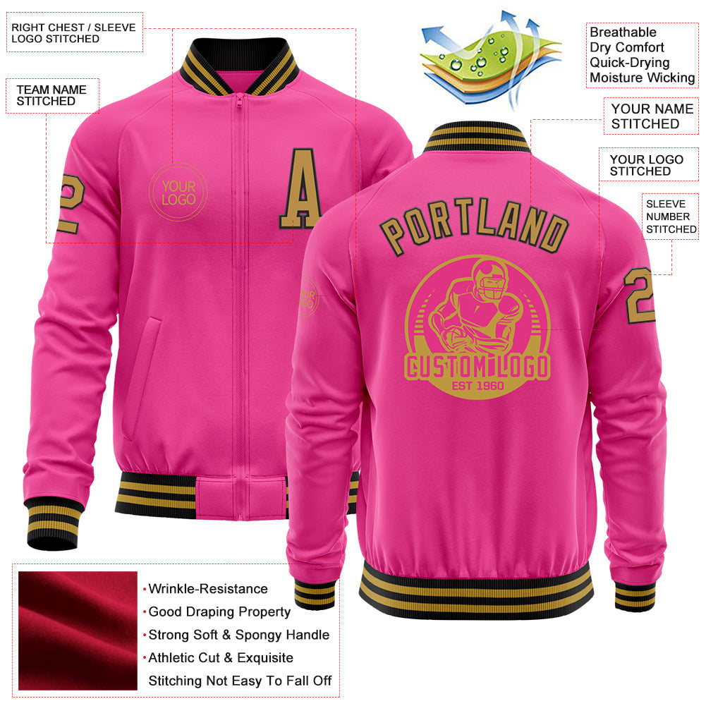 Custom Pink Old Gold-Black Bomber Varsity Letterman Zipper Jacket view 4