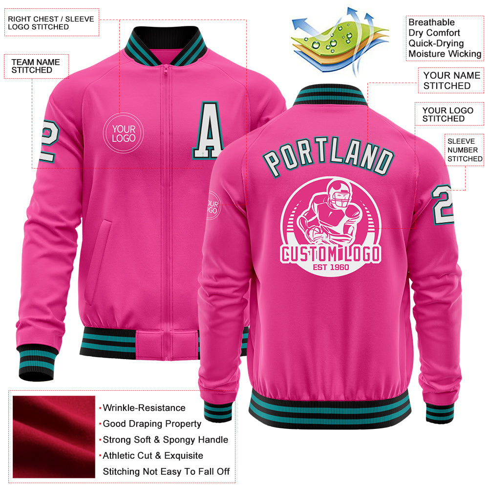 Custom Pink Black-Teal Bomber Varsity Letterman Zipper Jacket view 4