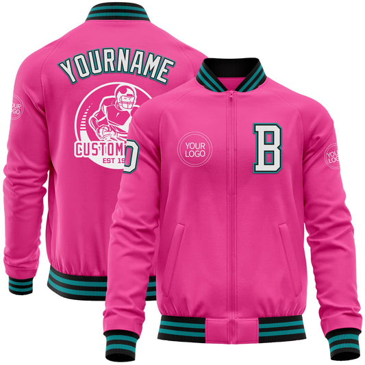 Custom Pink Black-Teal Bomber Varsity Letterman Zipper Jacket - Main View