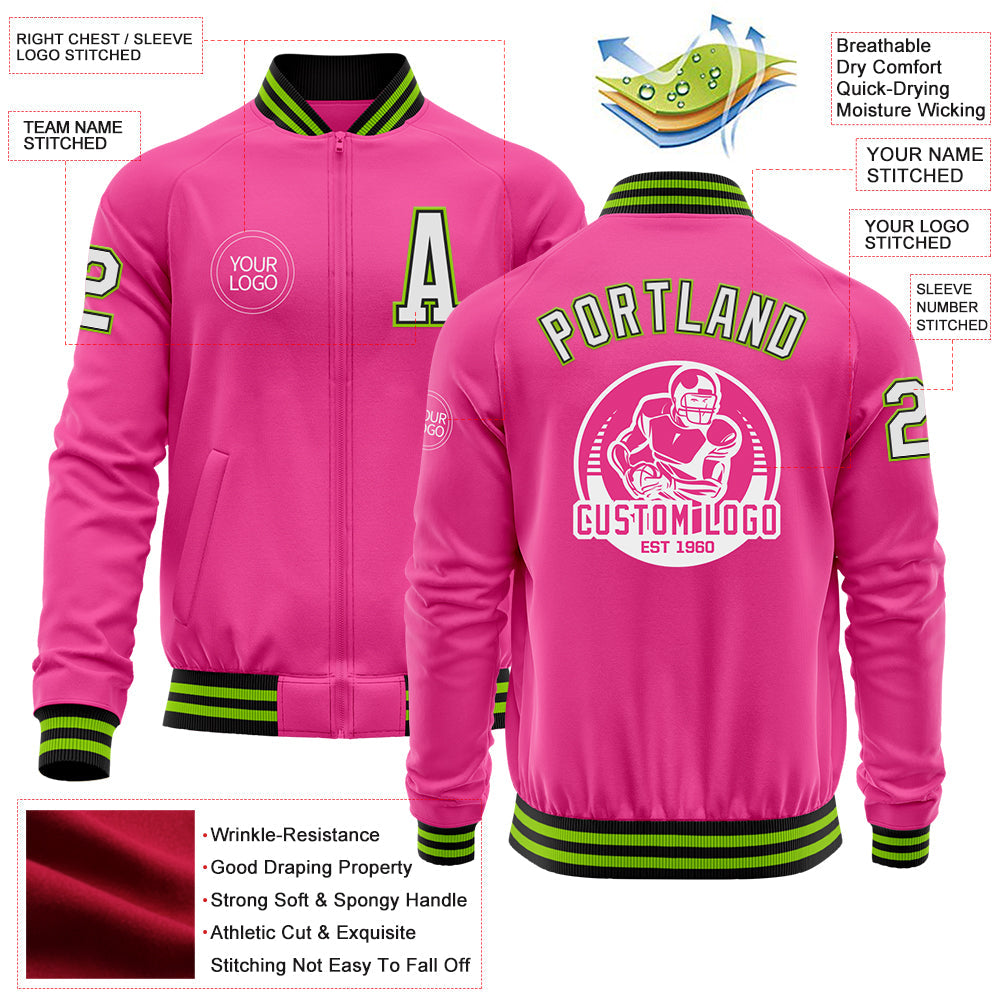 Custom Pink Black-Neon Green Bomber Varsity Letterman Zipper Jacket view 4