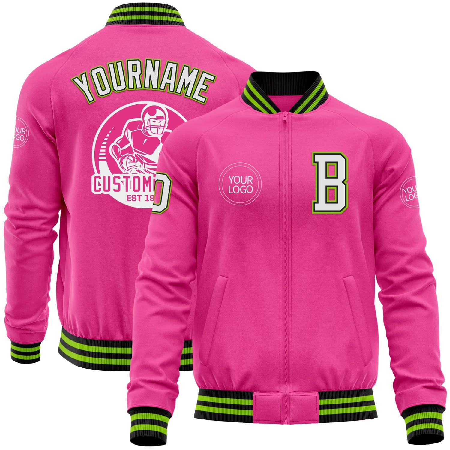 Custom Pink Black-Neon Green Bomber Varsity Letterman Zipper Jacket - Main View