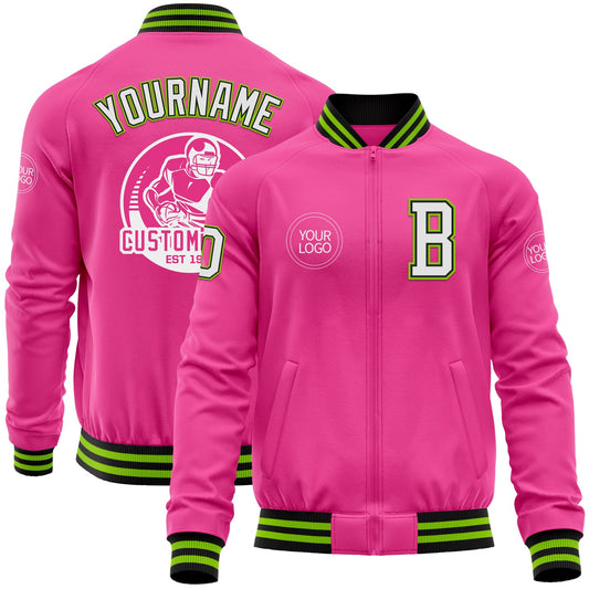 Custom Pink Black-Neon Green Bomber Varsity Letterman Zipper Jacket - Main View