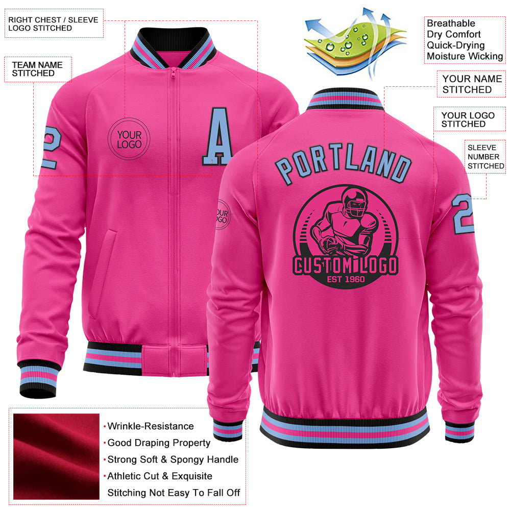 Custom Pink Light Blue-Black Bomber Varsity Letterman Zipper Jacket view 4