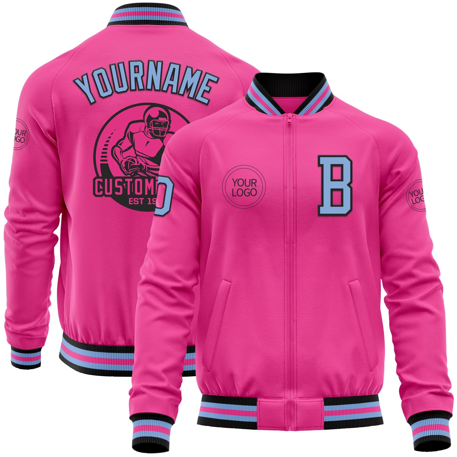 Custom Pink Light Blue-Black Bomber Varsity Letterman Zipper Jacket - Main View