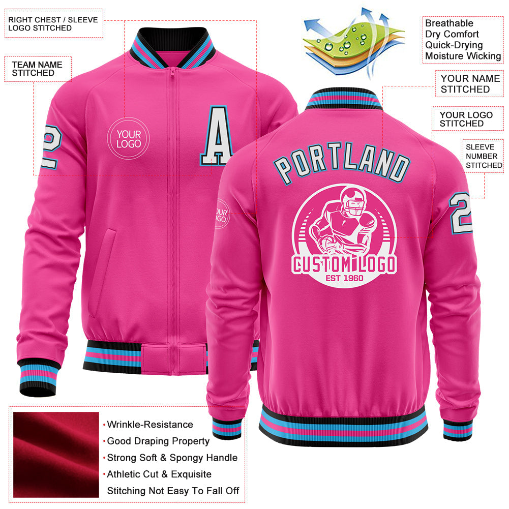 Custom Pink Black-Sky Blue Bomber Varsity Letterman Zipper Jacket view 4