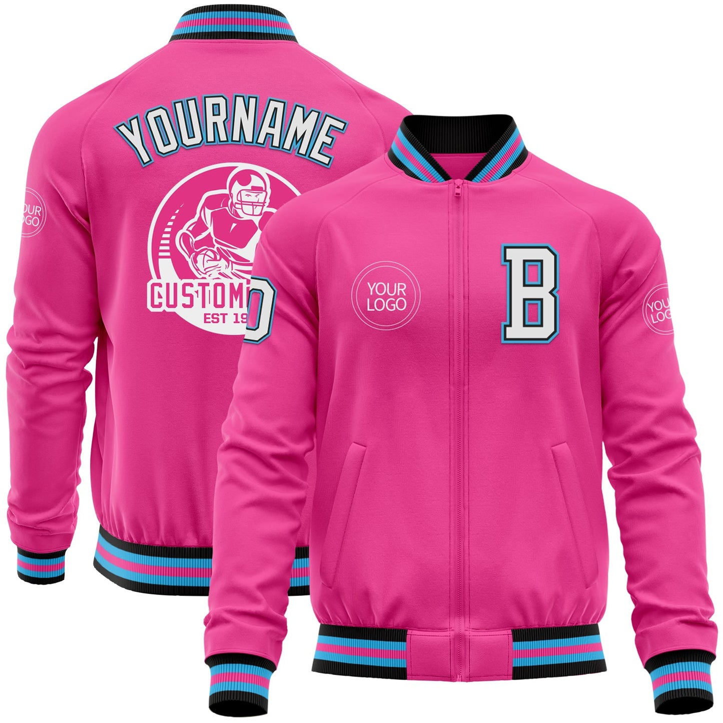 Custom Pink Black-Sky Blue Bomber Varsity Letterman Zipper Jacket - Main View
