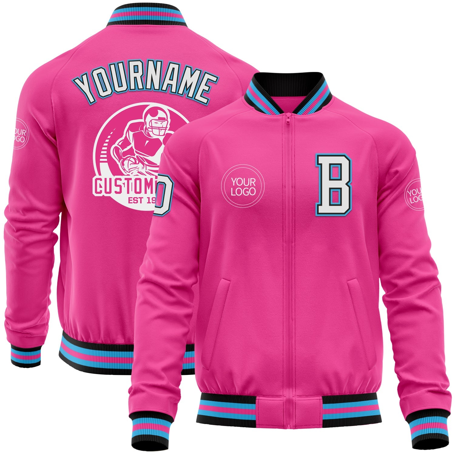 Custom Pink Black-Sky Blue Bomber Varsity Letterman Zipper Jacket - Main View