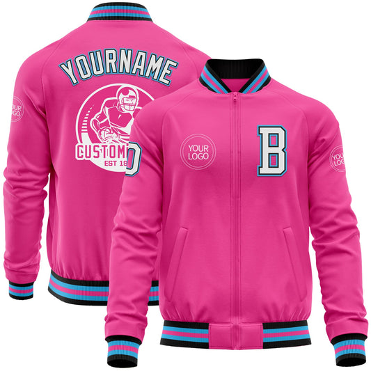 Custom Pink Black-Sky Blue Bomber Varsity Letterman Zipper Jacket - Main View