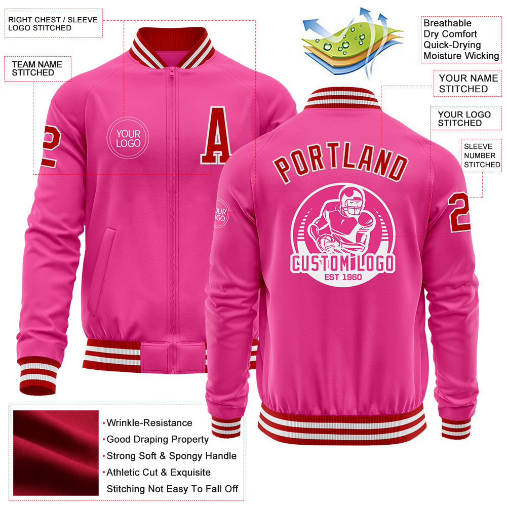 Custom Pink Red-White Bomber Varsity Letterman Zipper Jacket view 4