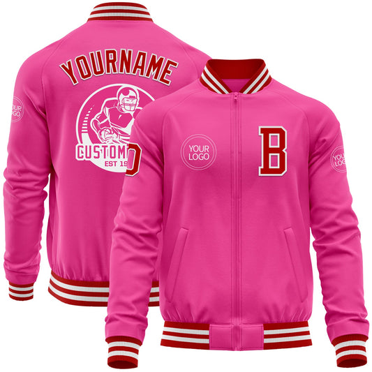 Custom Pink Red-White Bomber Varsity Letterman Zipper Jacket - Main View