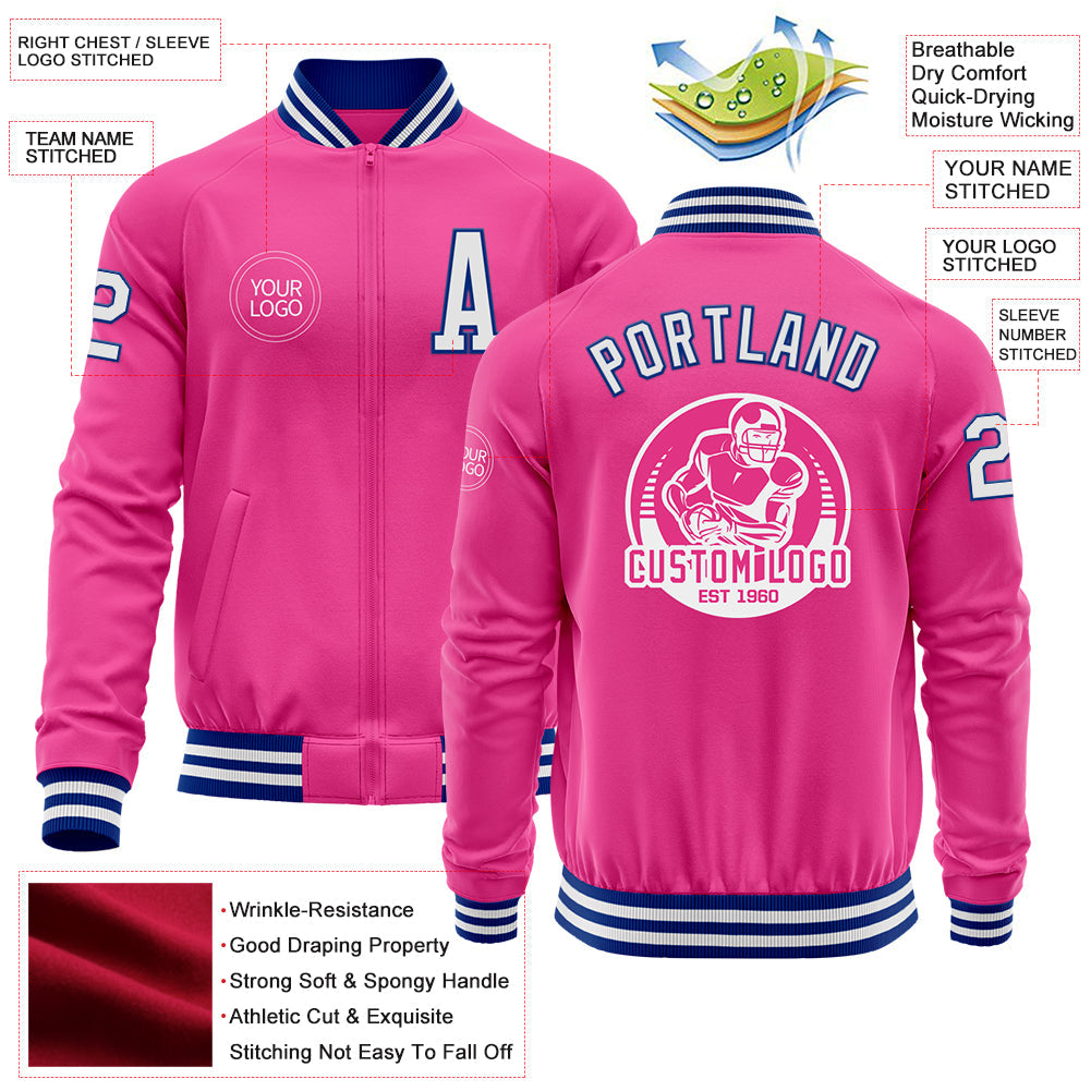 Custom Pink White-Royal Bomber Varsity Letterman Zipper Jacket view 4