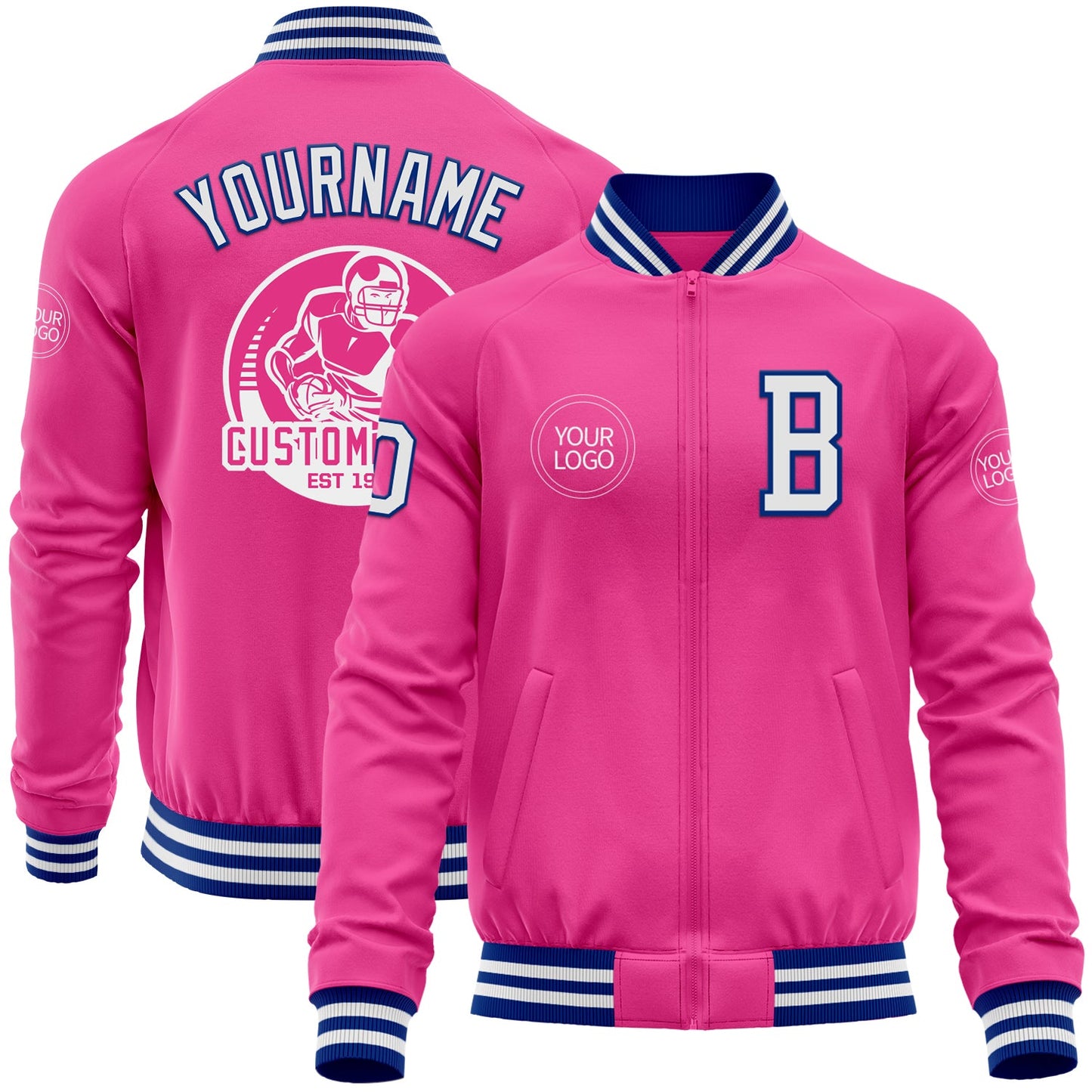Custom Pink White-Royal Bomber Varsity Letterman Zipper Jacket - Main View