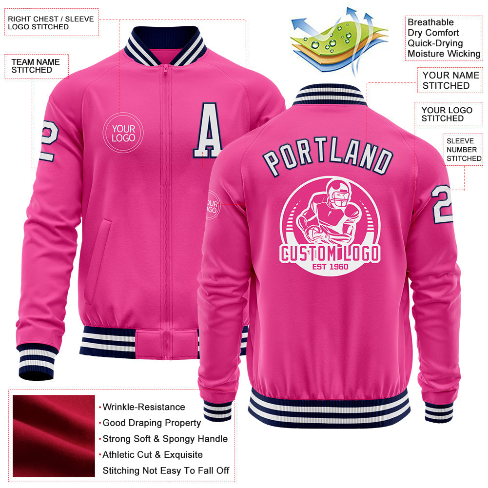 Custom Pink White-Navy Bomber Varsity Letterman Zipper Jacket view 4