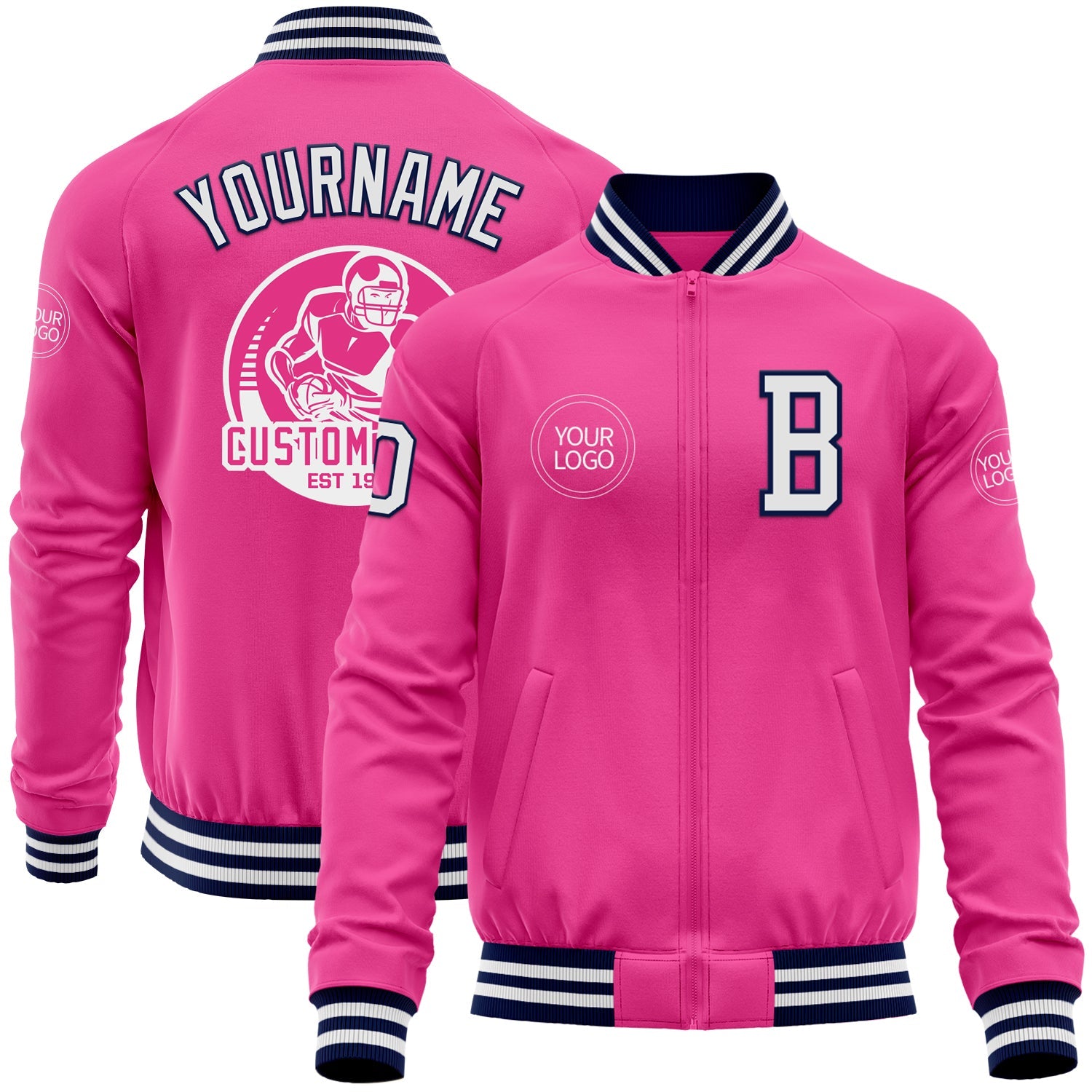 Custom Pink White-Navy Bomber Varsity Letterman Zipper Jacket - Main View
