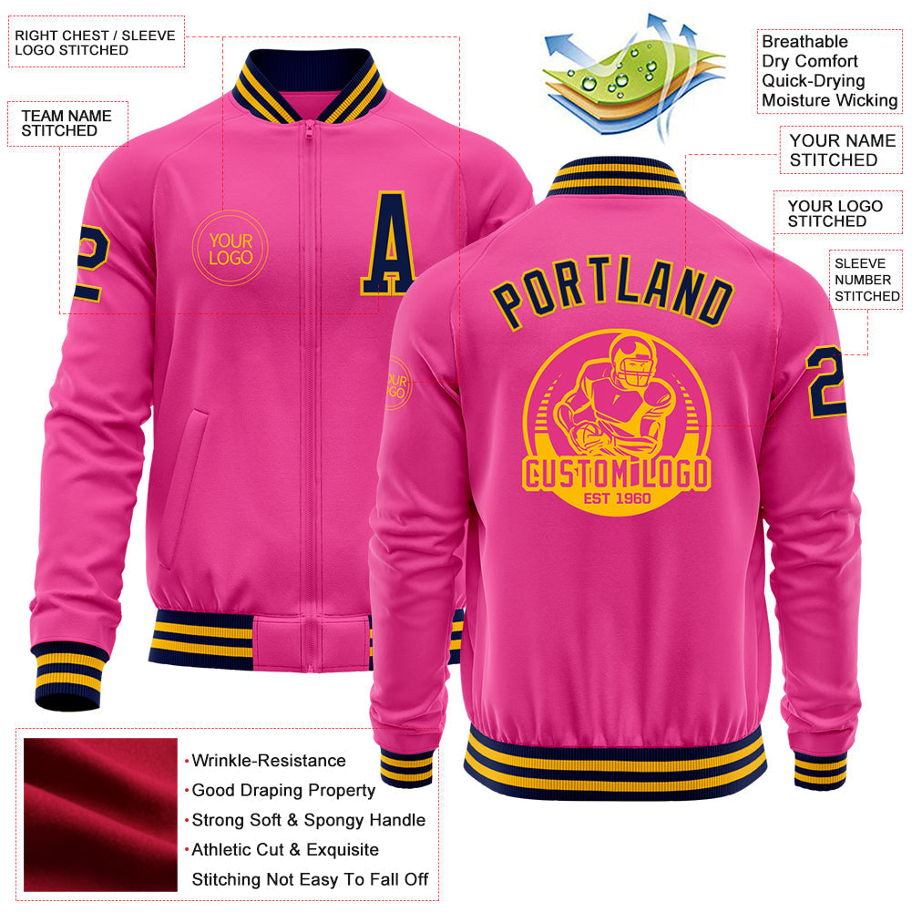 Custom Pink Navy-Gold Bomber Varsity Letterman Zipper Jacket view 4
