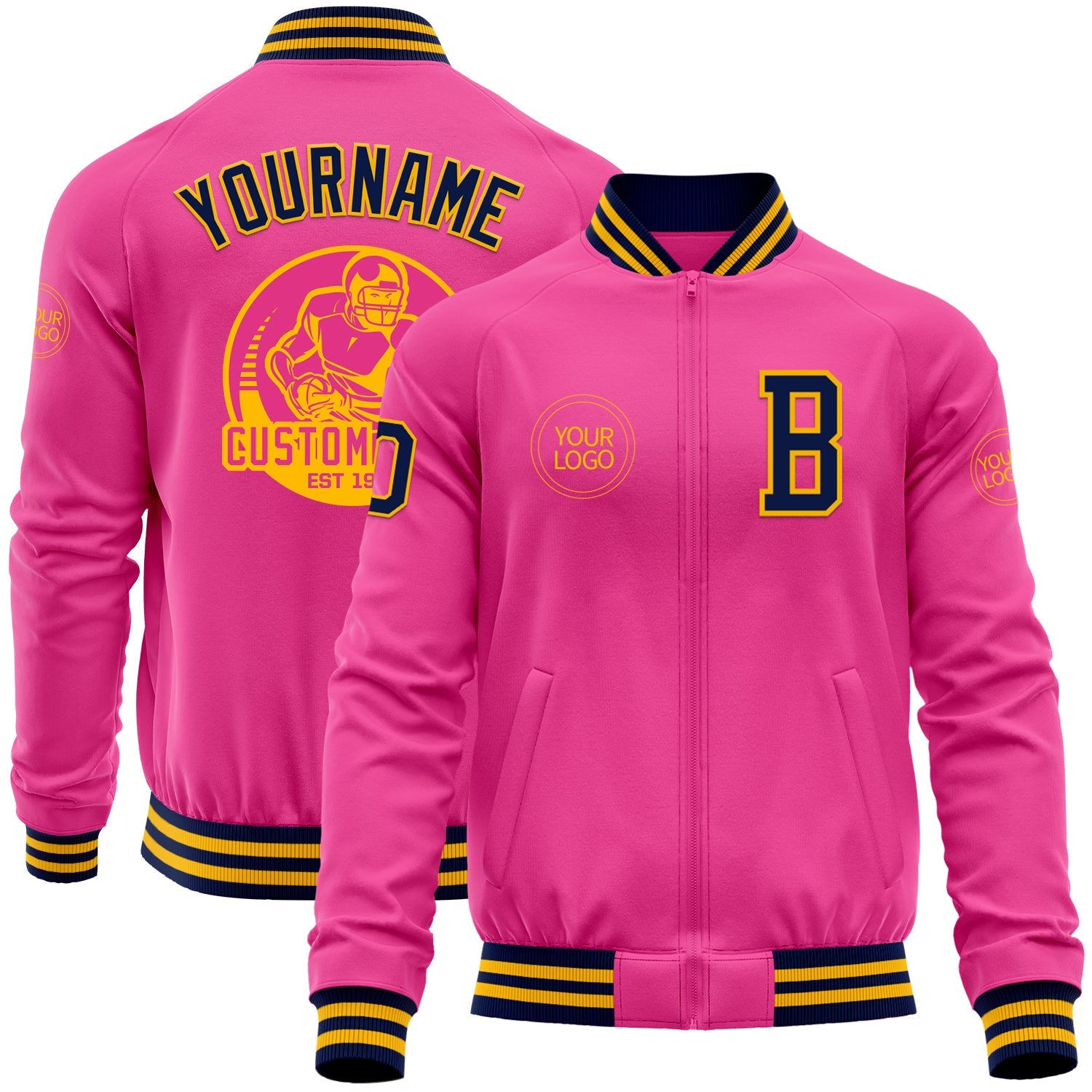 Custom Pink Navy-Gold Bomber Varsity Letterman Zipper Jacket - Main View