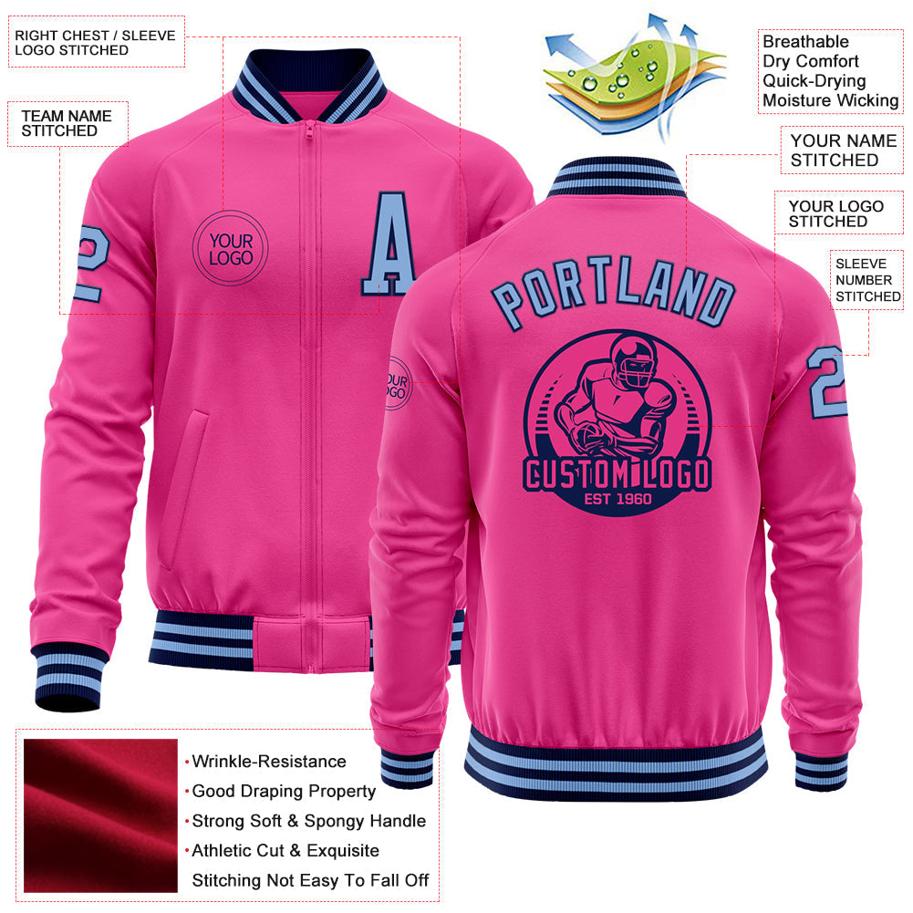 Custom Pink Light Blue-Navy Bomber Varsity Letterman Zipper Jacket view 4