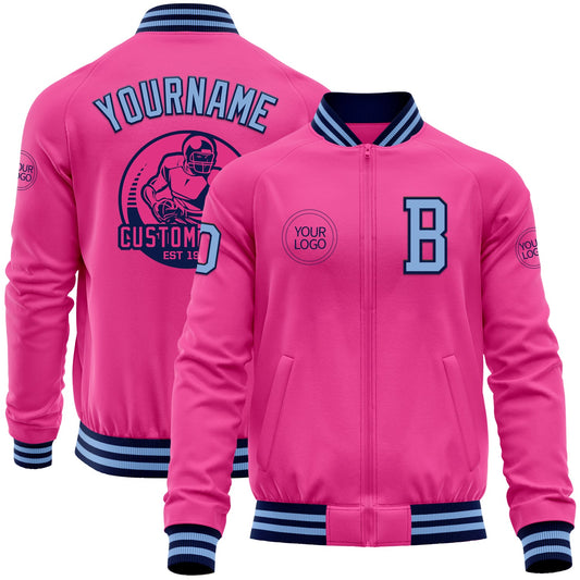 Custom Pink Light Blue-Navy Bomber Varsity Letterman Zipper Jacket - Main View