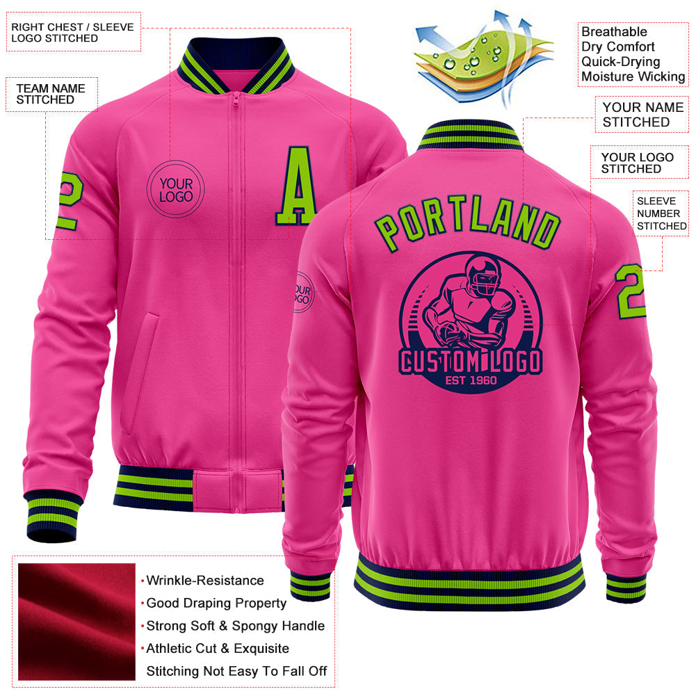Custom Pink Neon Green-Navy Bomber Varsity Letterman Zipper Jacket view 4