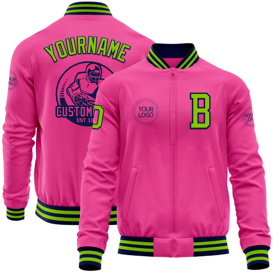 Custom Pink Neon Green-Navy Bomber Varsity Letterman Zipper Jacket - Main View