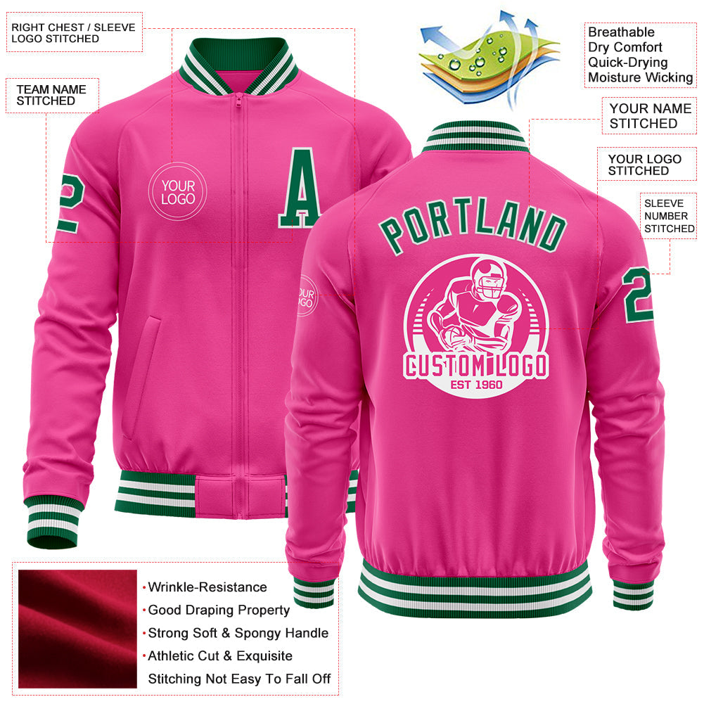 Custom Pink Kelly Green-White Bomber Varsity Letterman Zipper Jacket view 4