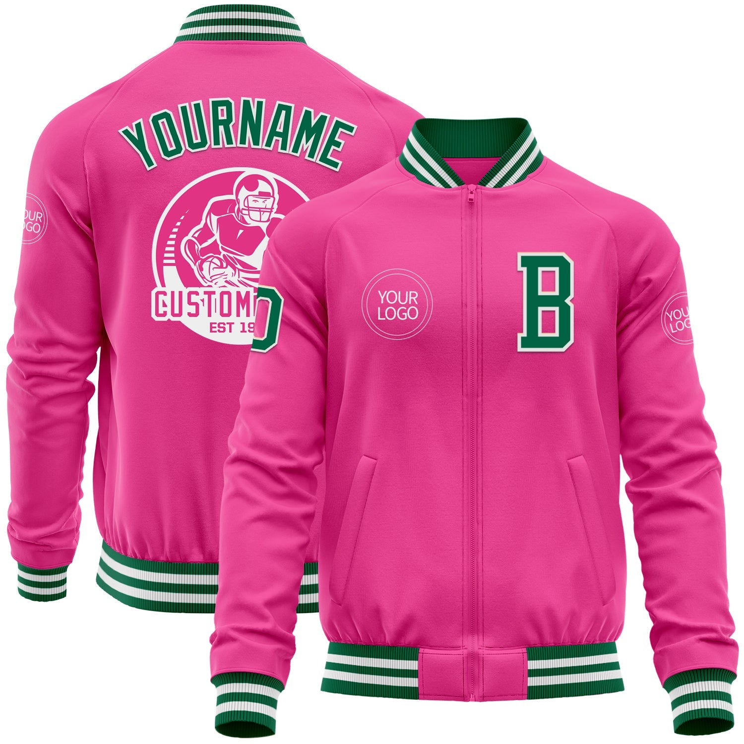 Custom Pink Kelly Green-White Bomber Varsity Letterman Zipper Jacket - Main View