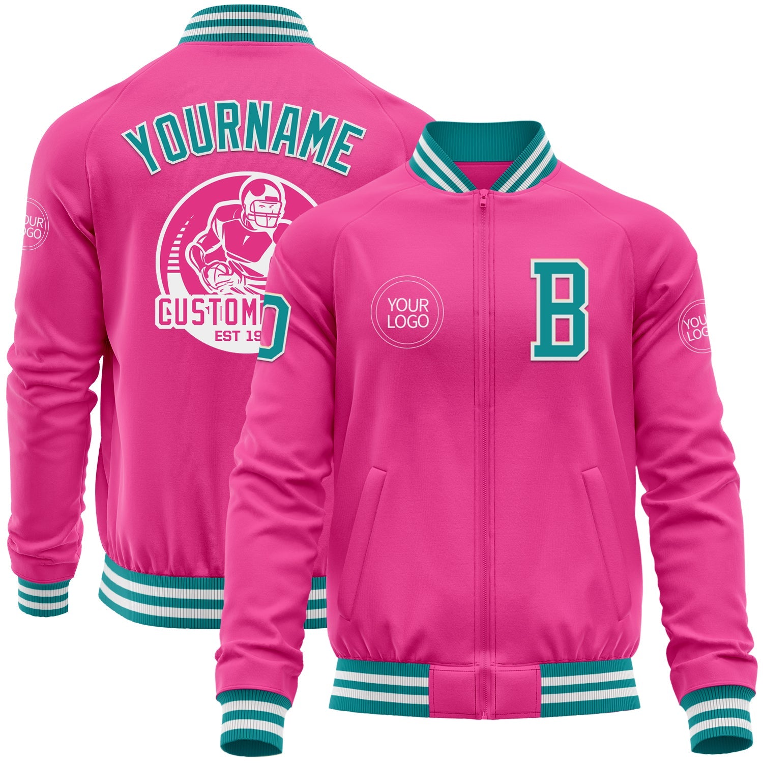Custom Pink Teal-White Bomber Varsity Letterman Zipper Jacket - Main View