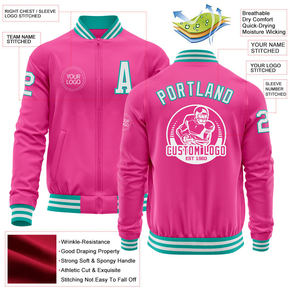 Custom Pink White-Aqua Bomber Varsity Letterman Zipper Jacket view 4