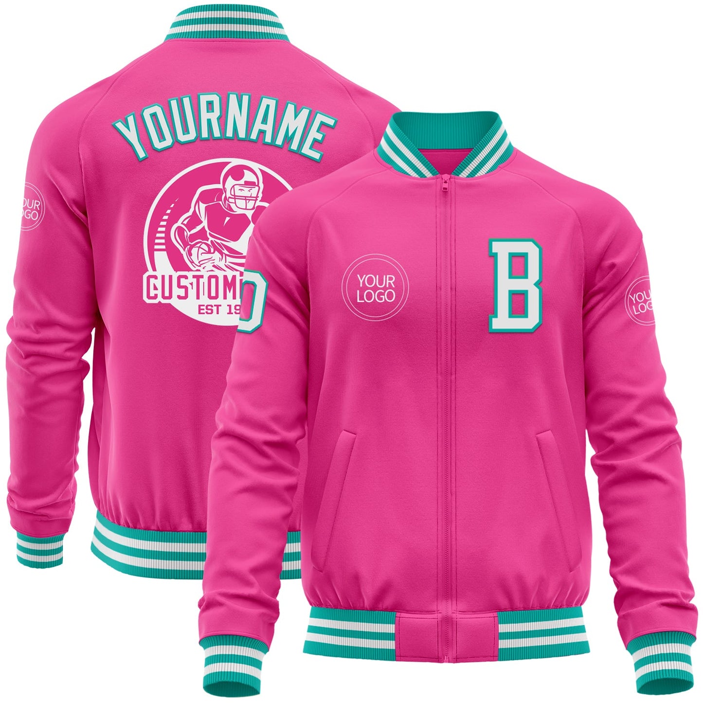 Custom Pink White-Aqua Bomber Varsity Letterman Zipper Jacket - Main View