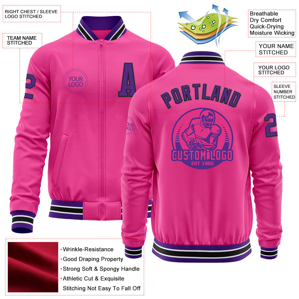 Custom Pink Purple-Black Bomber Varsity Letterman Zipper Jacket view 4