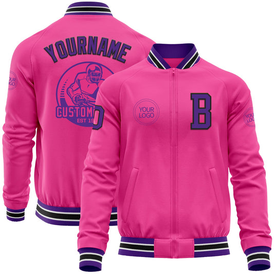 Custom Pink Purple-Black Bomber Varsity Letterman Zipper Jacket - Main View