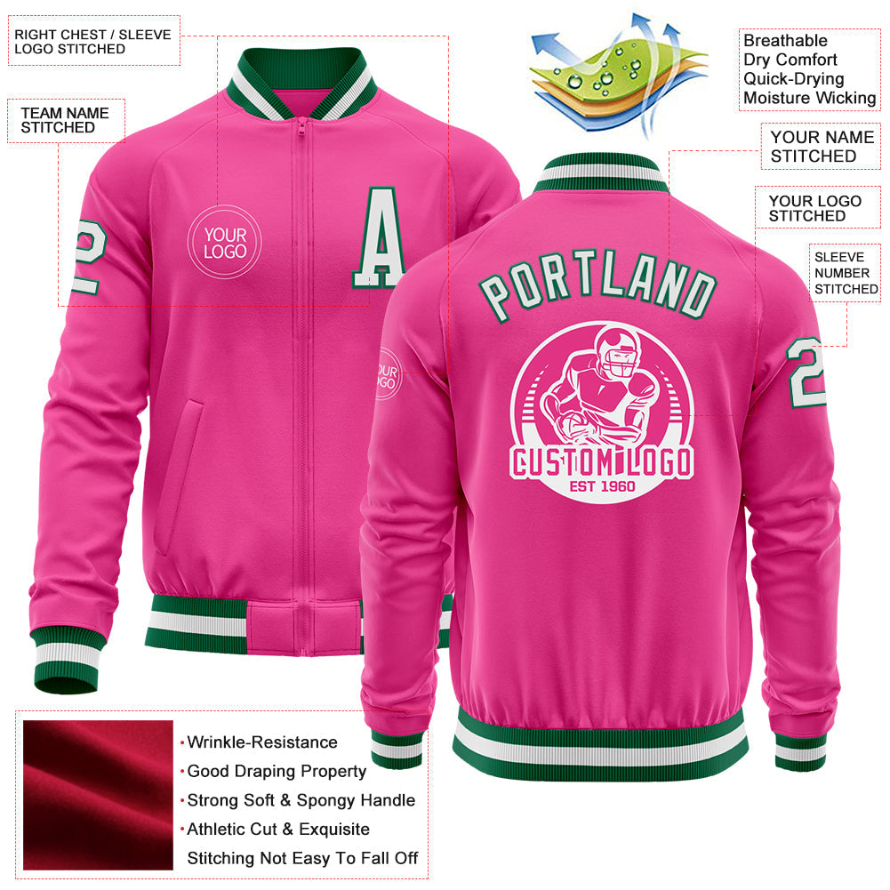 Custom Pink White-Kelly Green Bomber Varsity Letterman Zipper Jacket view 4