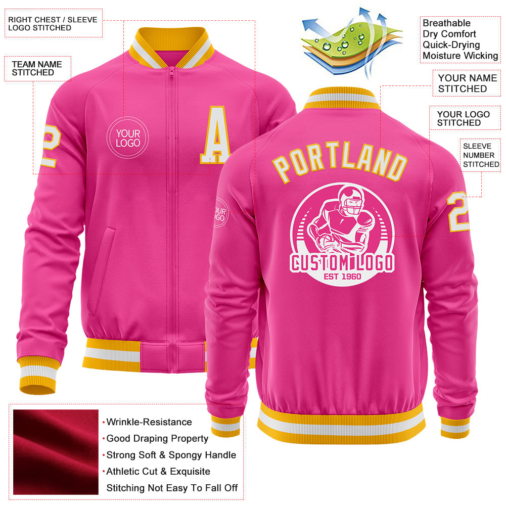 Custom Pink White-Gold Bomber Varsity Letterman Zipper Jacket view 4