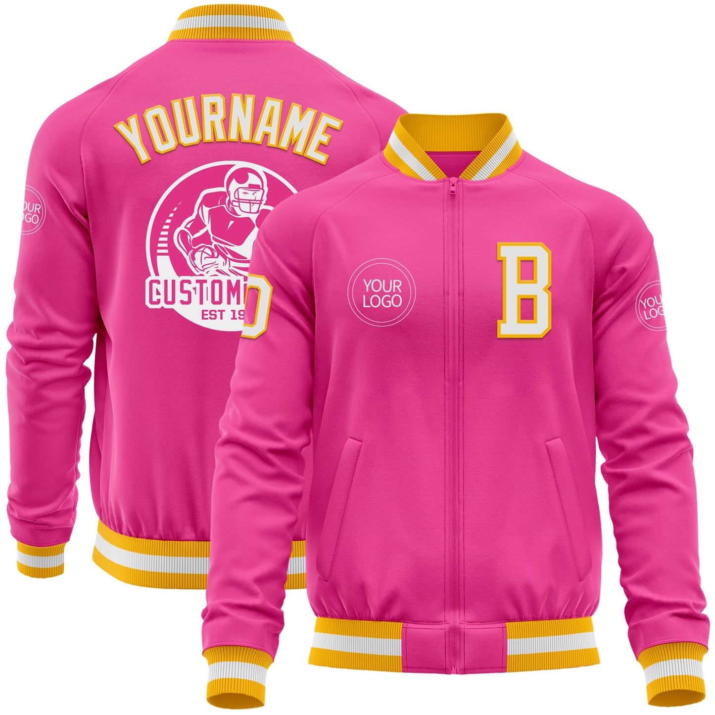 Custom Pink White-Gold Bomber Varsity Letterman Zipper Jacket - Main View