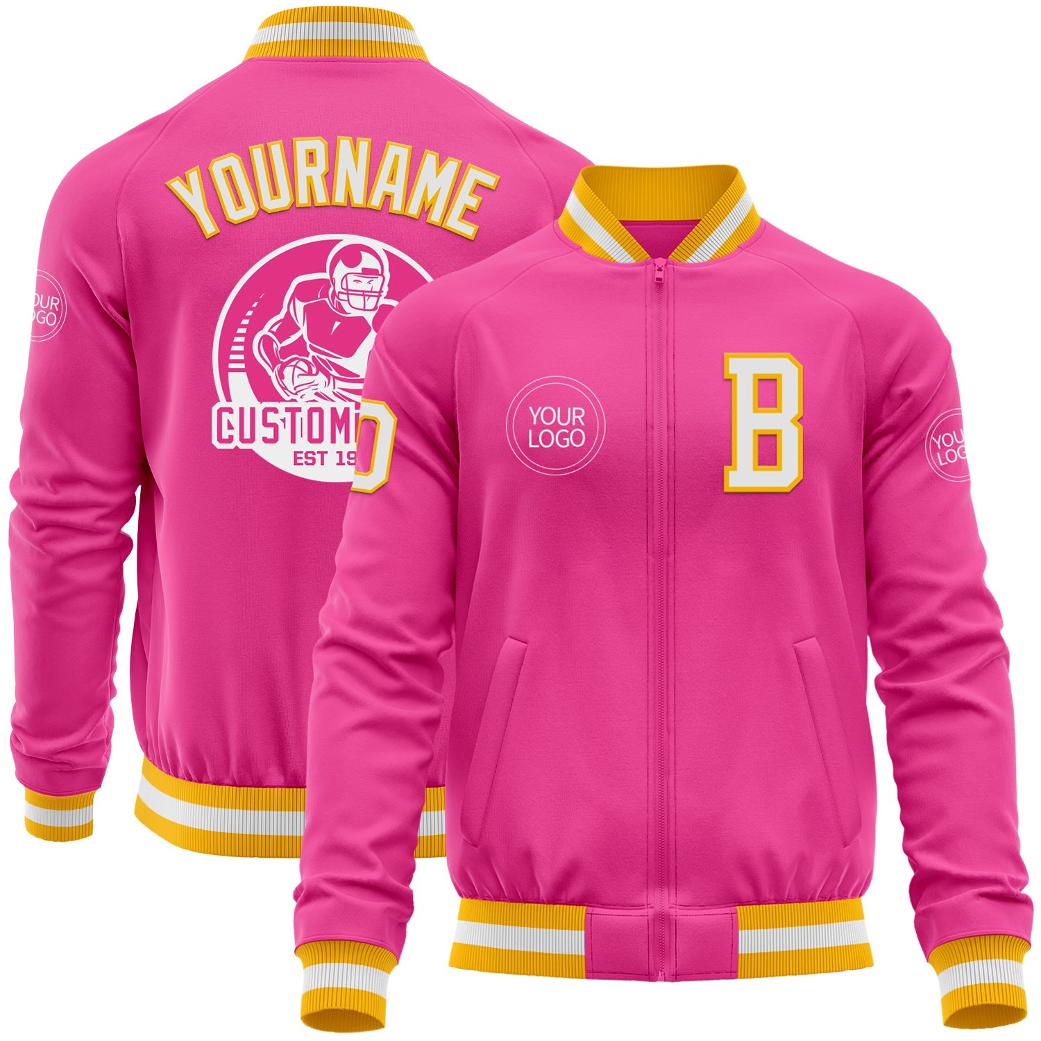 Custom Pink White-Gold Bomber Varsity Letterman Zipper Jacket - Main View