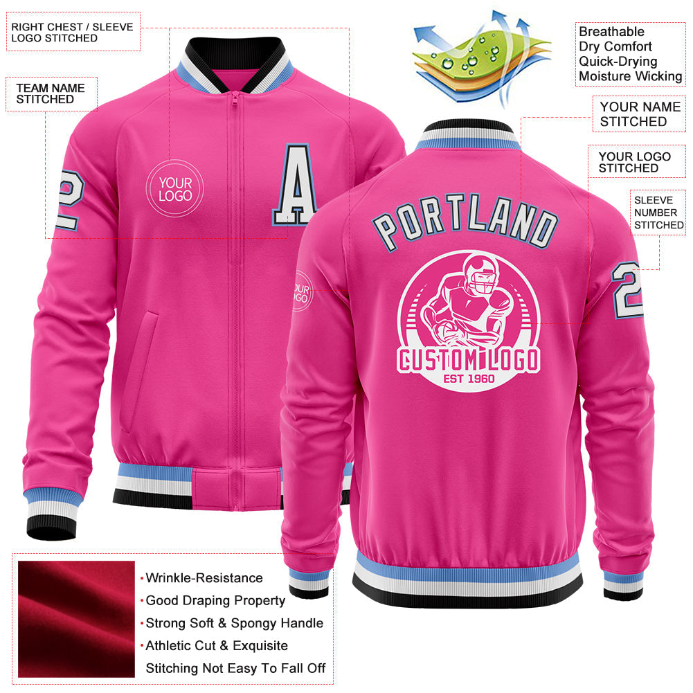 Custom Pink Black-Light Blue Bomber Varsity Letterman Zipper Jacket view 4