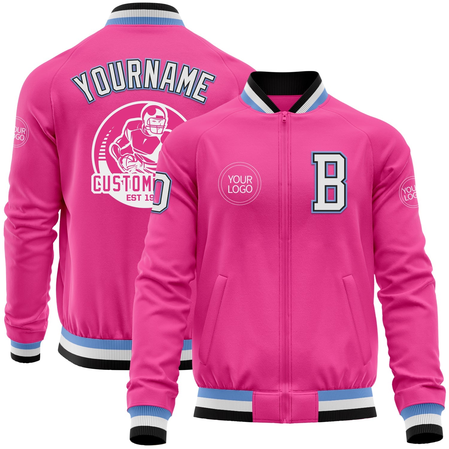 Custom Pink Black-Light Blue Bomber Varsity Letterman Zipper Jacket - Main View