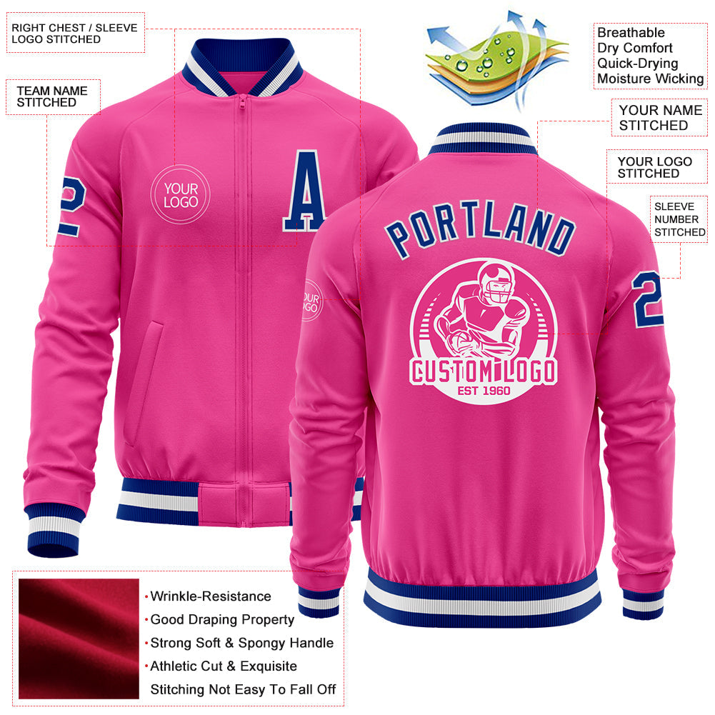 Custom Pink Royal-White Bomber Varsity Letterman Zipper Jacket view 4