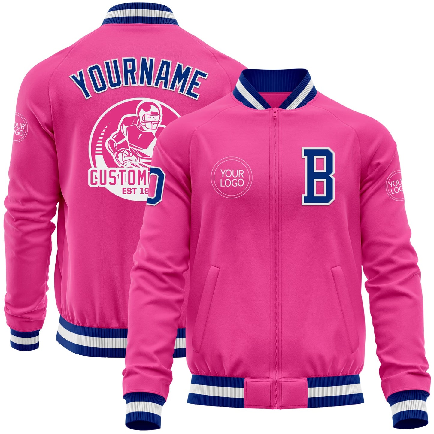 Custom Pink Royal-White Bomber Varsity Letterman Zipper Jacket - Main View