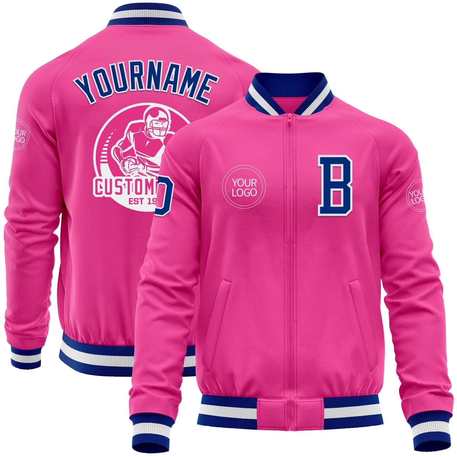 Custom Pink Royal-White Bomber Varsity Letterman Zipper Jacket - Main View