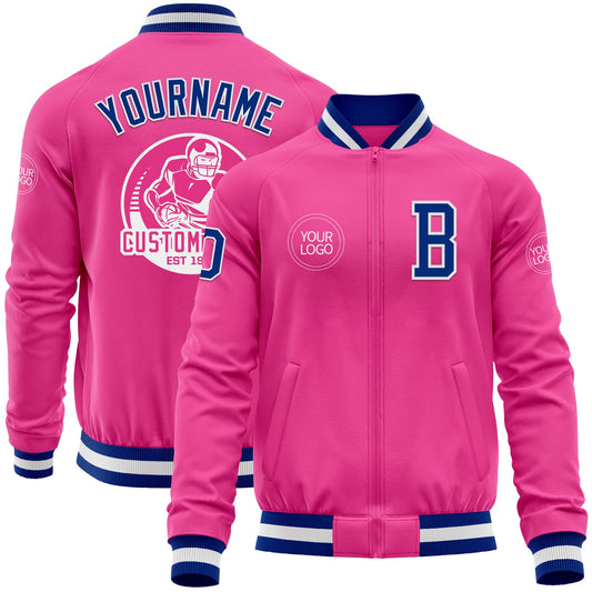 Custom Pink Royal-White Bomber Varsity Letterman Zipper Jacket - Main View