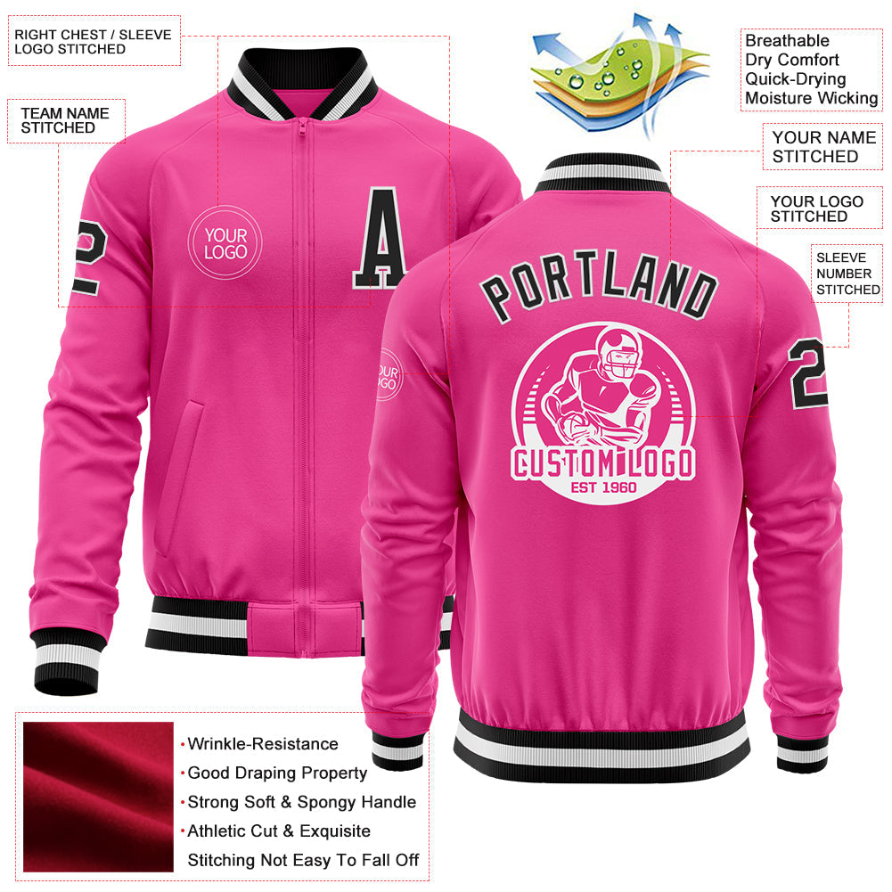 Custom Pink Black-White Bomber Varsity Letterman Zipper Jacket view 4
