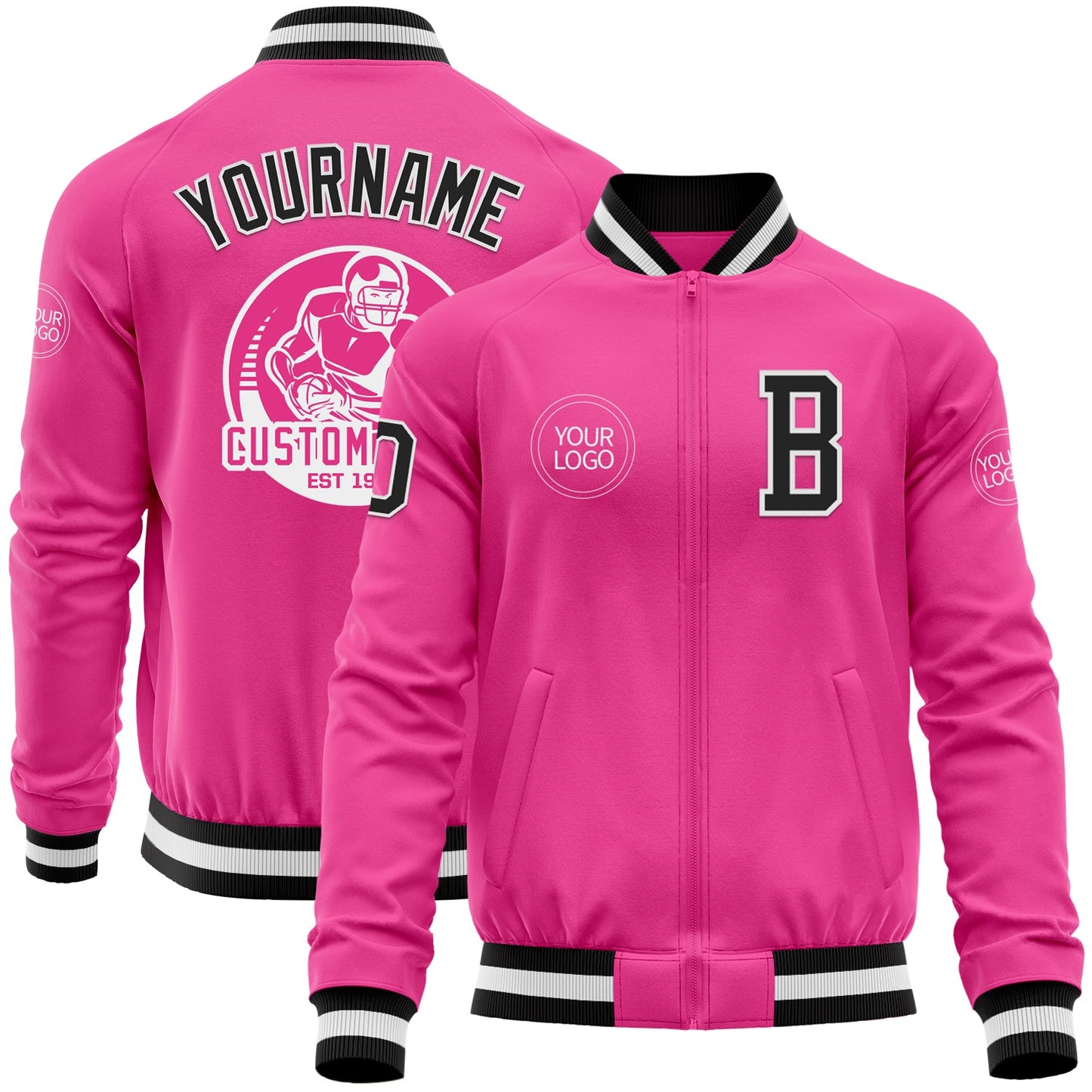 Custom Pink Black-White Bomber Varsity Letterman Zipper Jacket - Main View