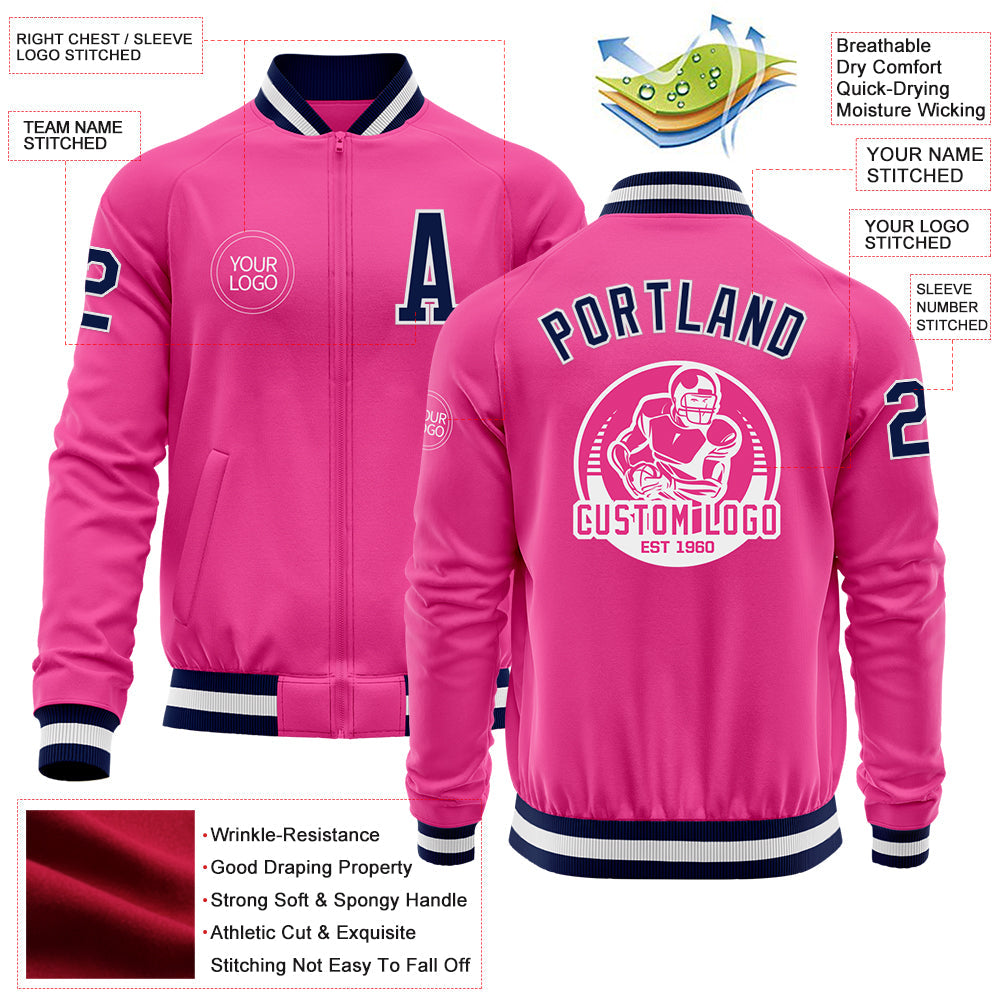 Custom Pink Navy-White Bomber Varsity Letterman Zipper Jacket view 4